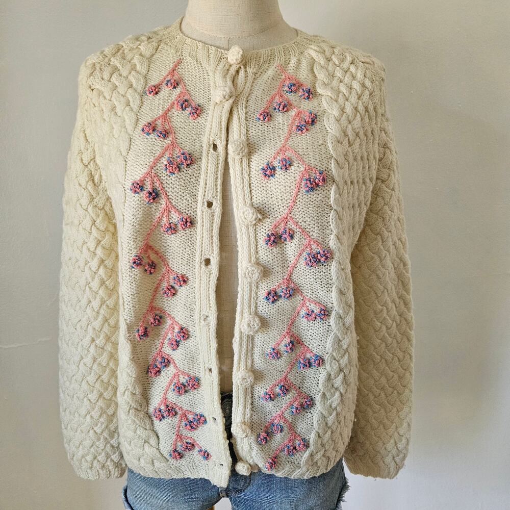 Vintage Best & Company 50s Hand Knitted Wool Sweater Cardigan M? Ivory Pink Blue